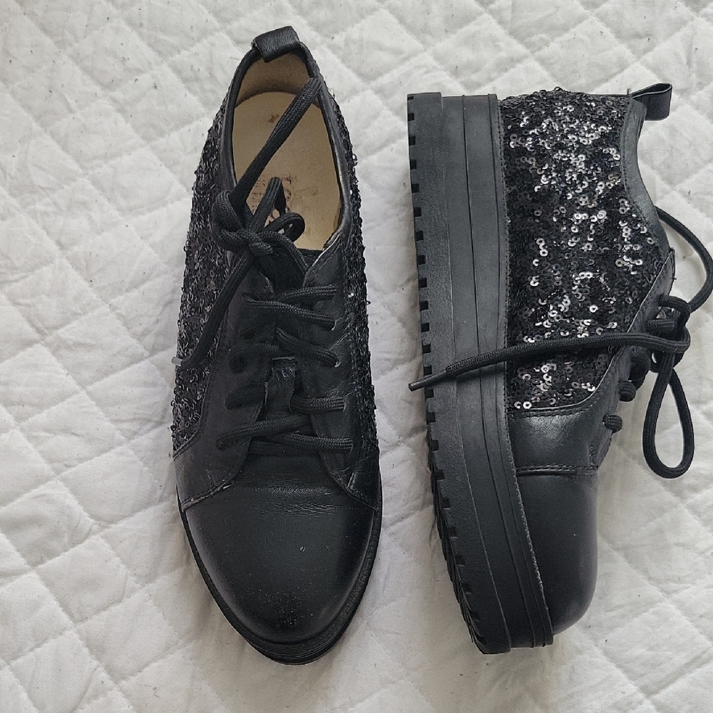 Women's Black Sequin Lace-Up Platform Boots